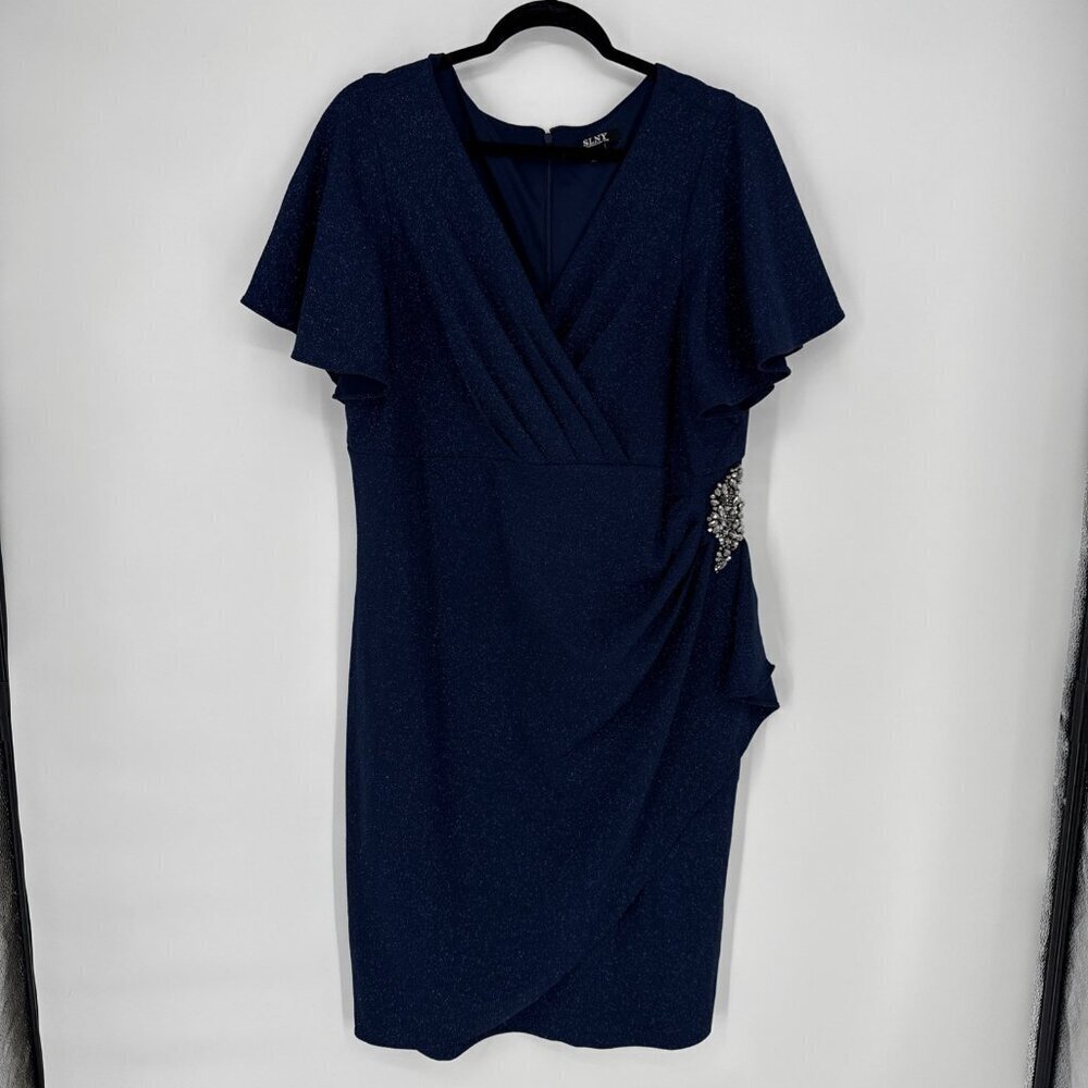 SLNY Womens Plus Size 18W Navy Blue Glitter Beaded Flutter Sleeve Cocktail Dress - Picture 3 of 11